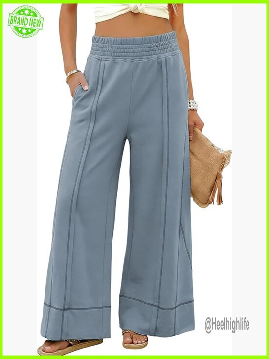Pants - Wide Leg Palazzo Pants High Waisted Cotton Stretch Lounge Sweatpants with